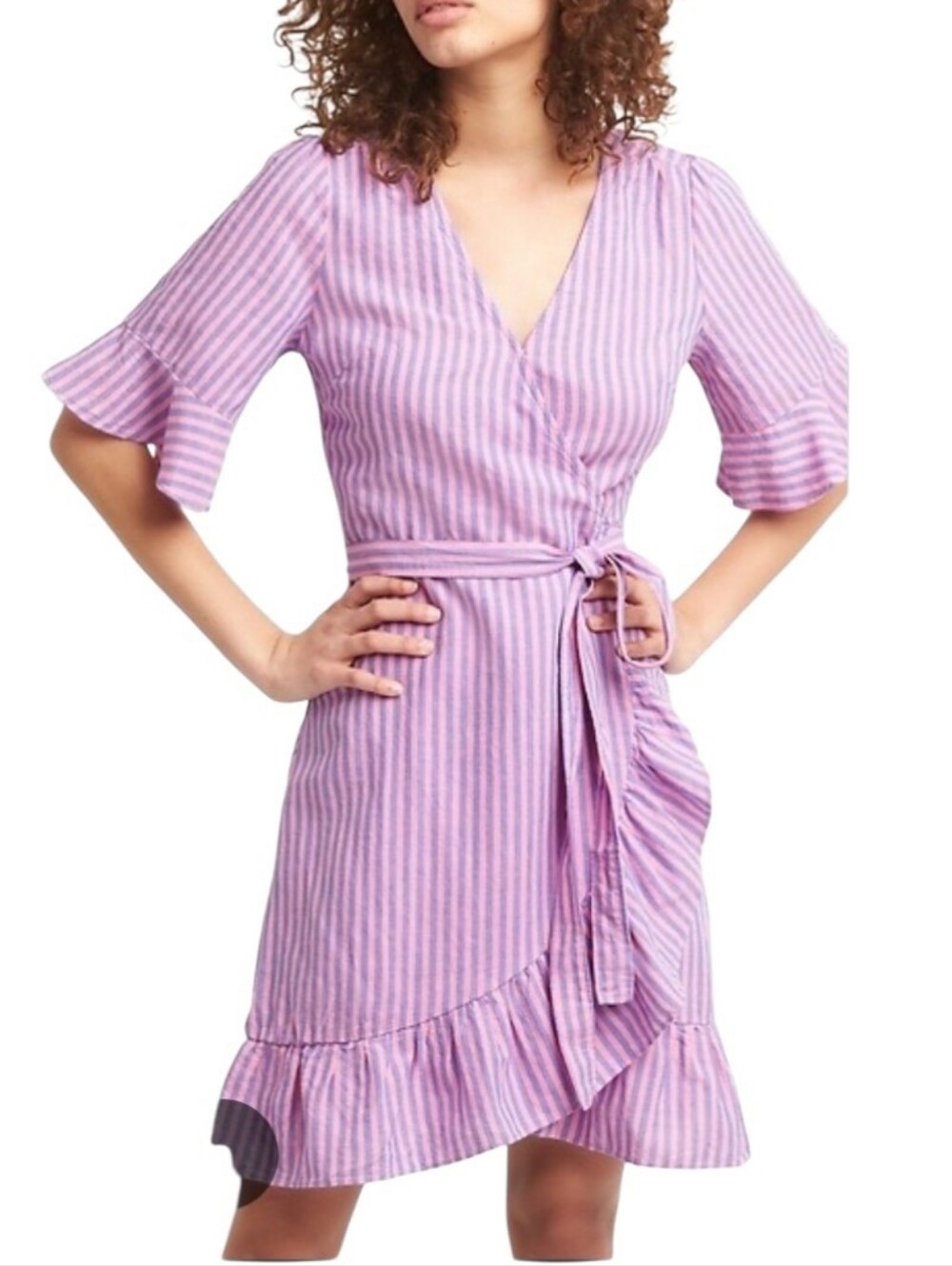 Women's Gap Pink & Purple Striped Linen Blend Wrap Style Dress Sz Small